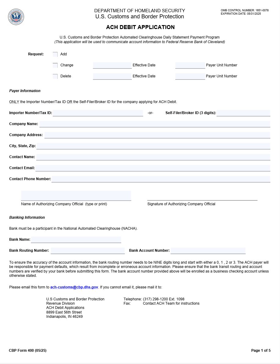 ACH Application Form (CBP Form 400)
