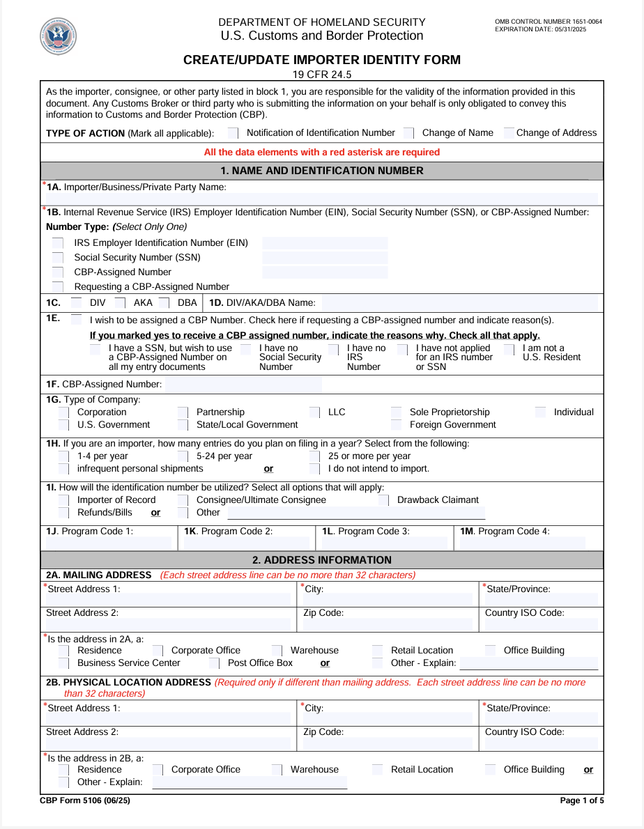 CBP Form 5106 – Importer Identity Form