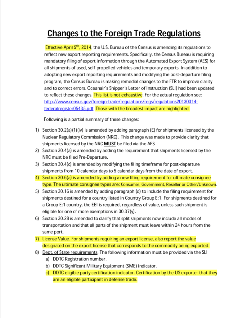 Changes to the Foreign Trade Regulations