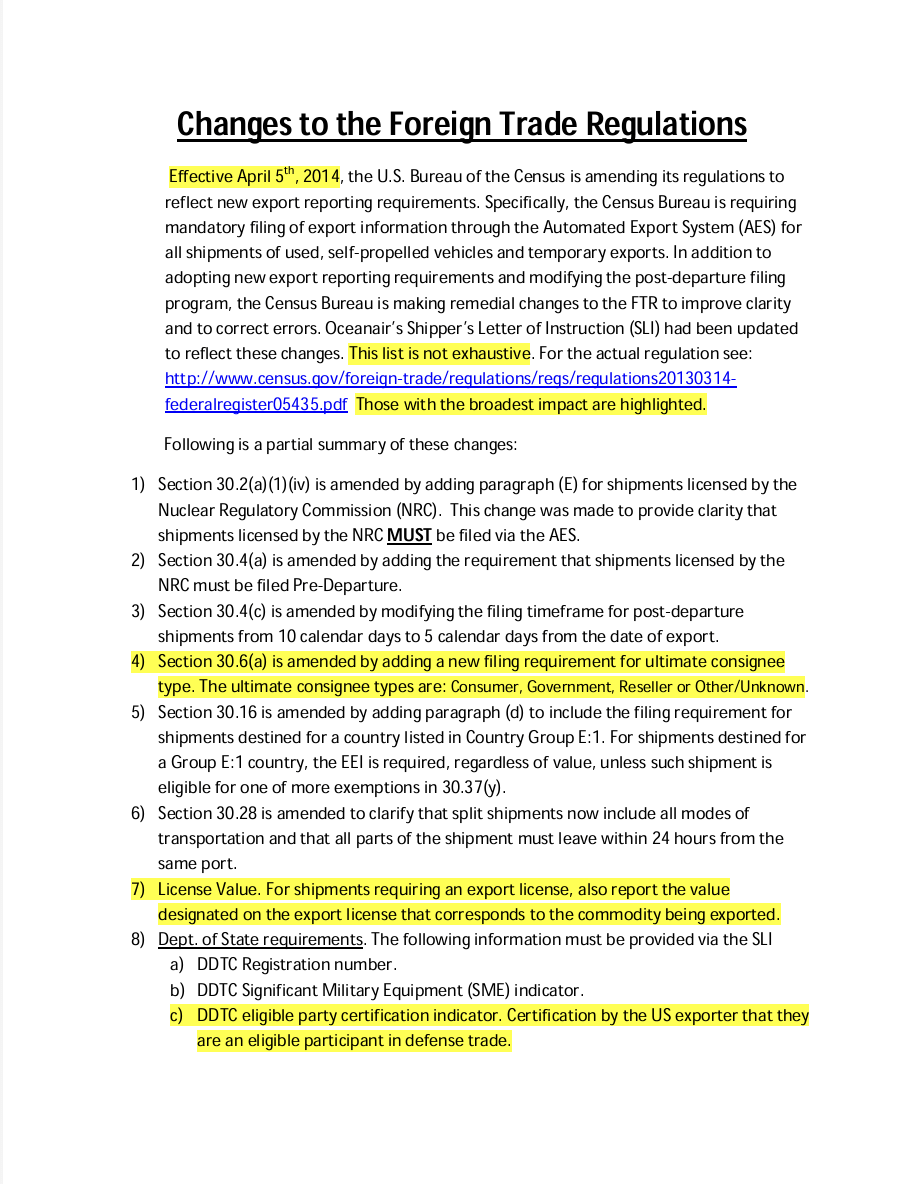 Changes to the Foreign Trade Regulations