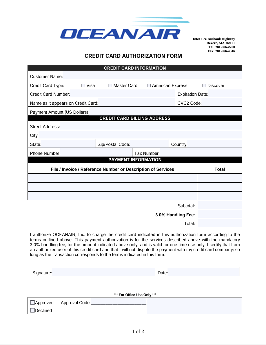 Credit Card Authorization Form