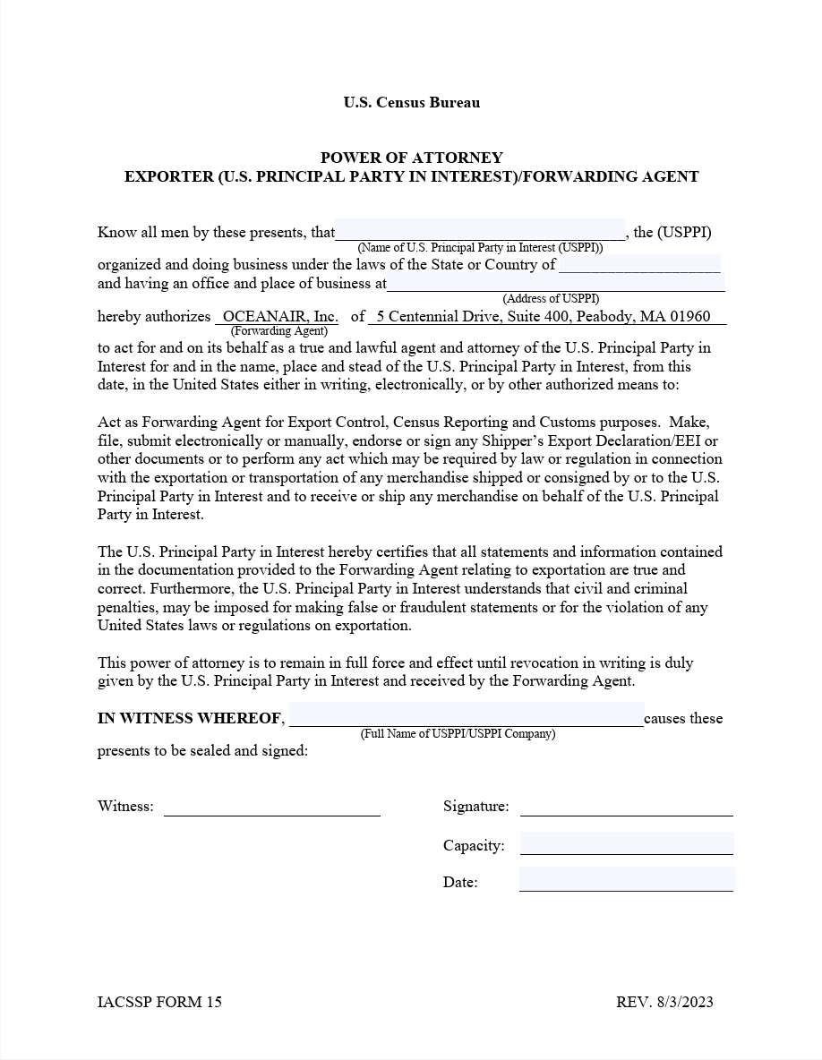 Front page of Export Power of Attorney document