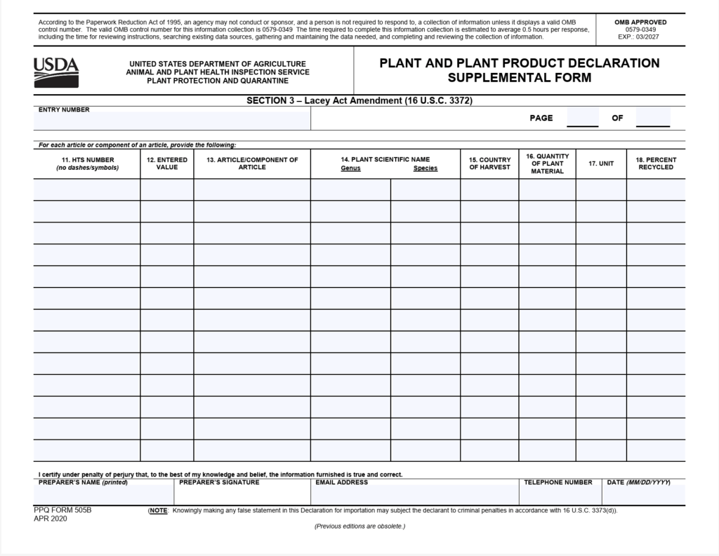 Lacey Act PPQ 505B Supplemental Form