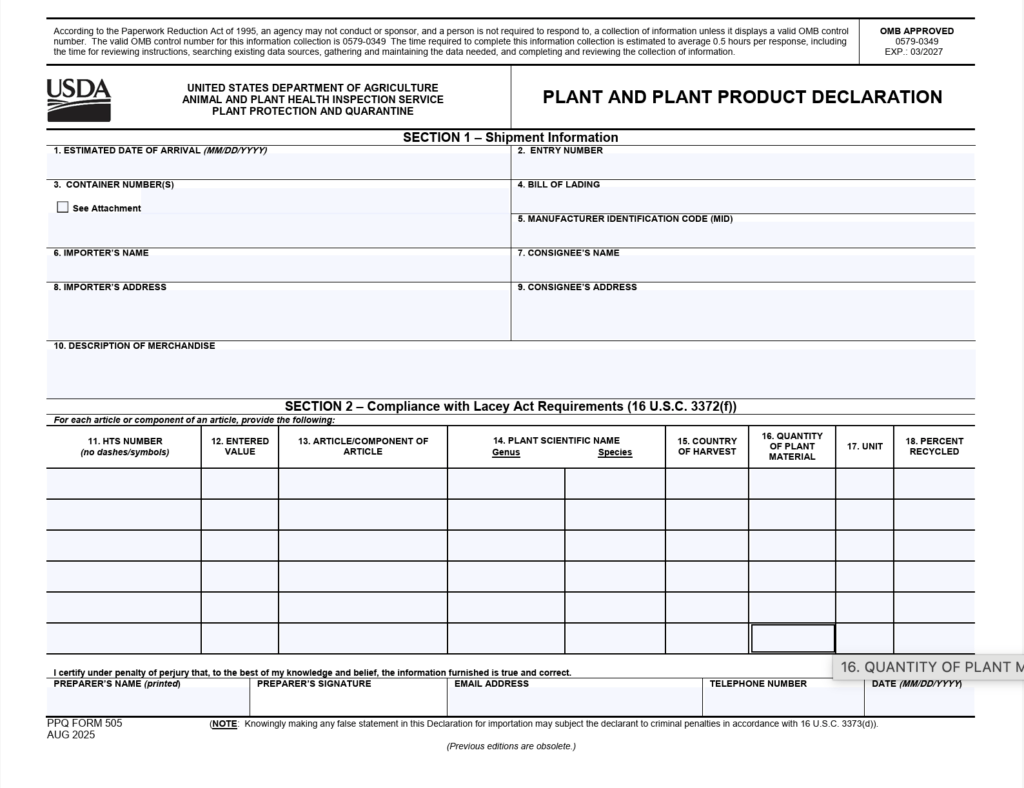 Lacey Act PPQ Form 505