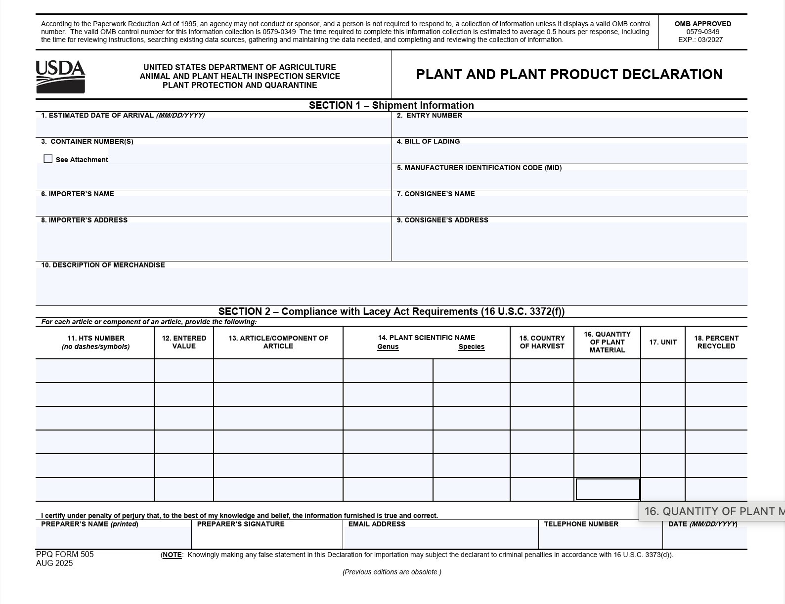 Lacey Act PPQ Form 505