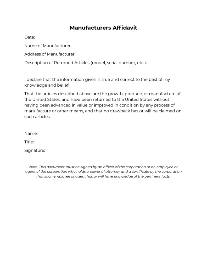 Manufacturers Affidavit