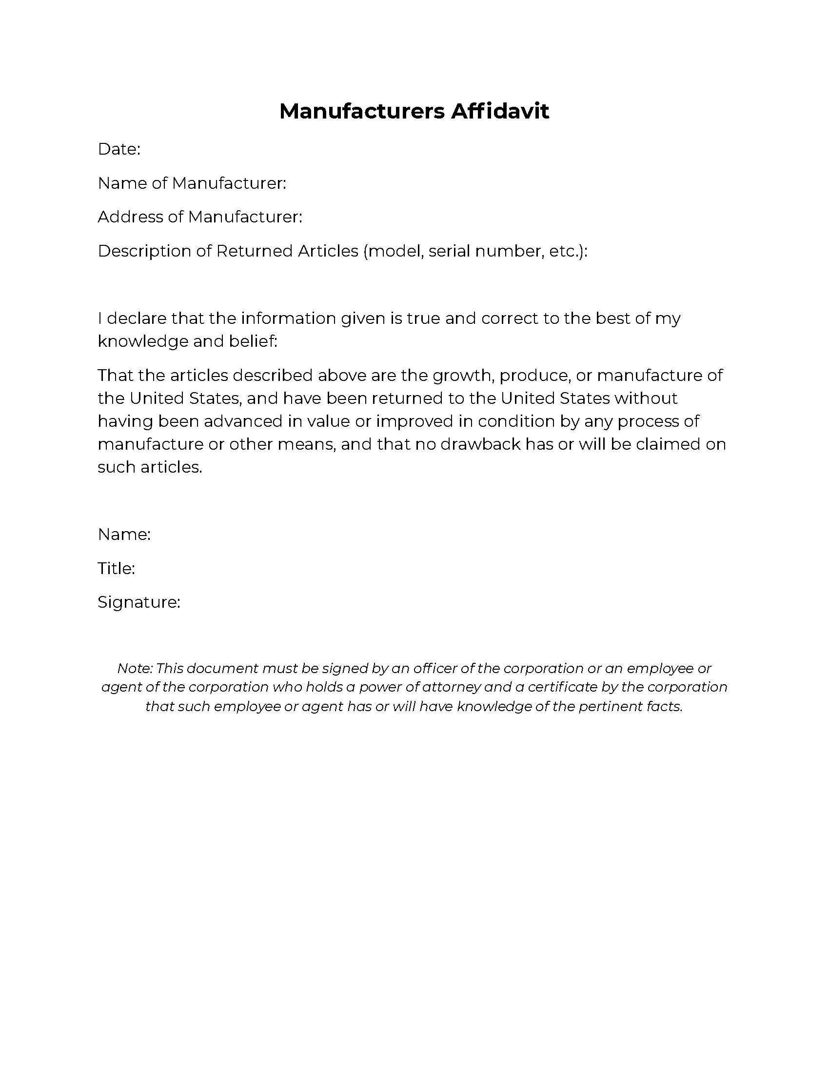 Manufacturers Affidavit