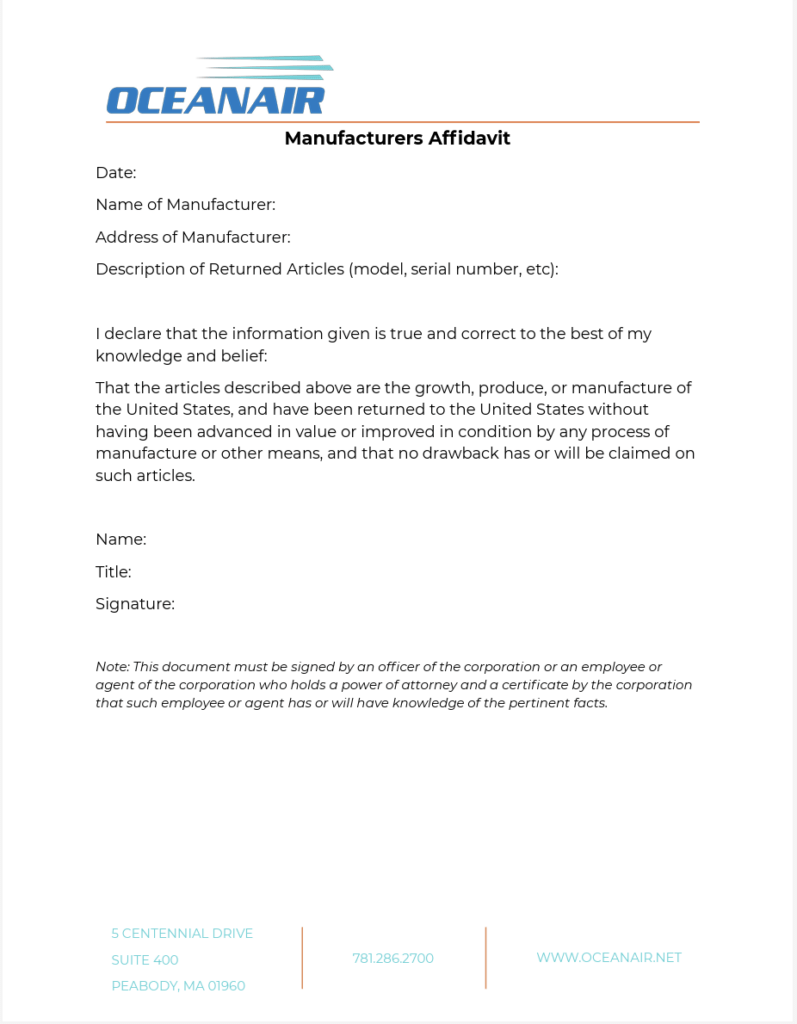 Manufacturers Affidavit