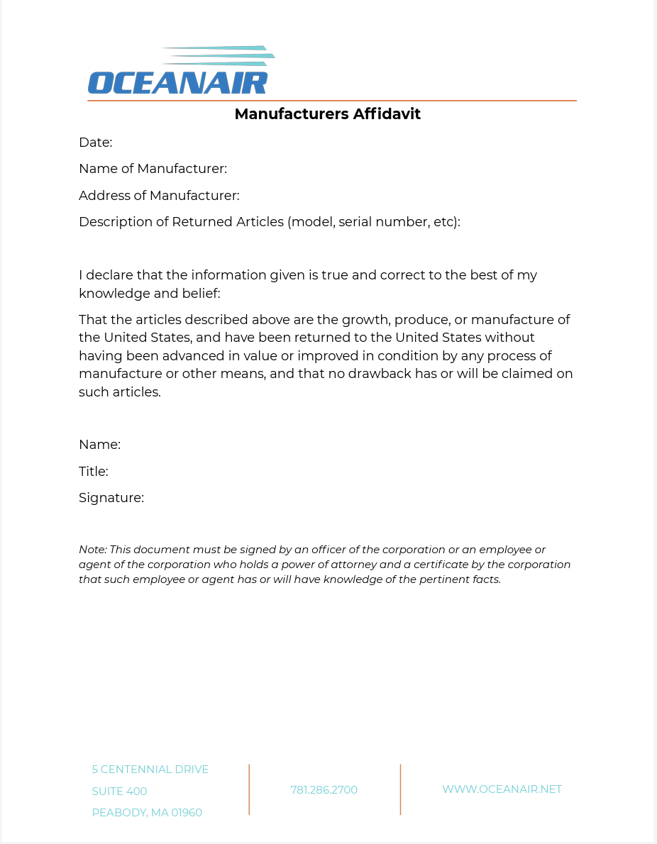 Manufacturers Affidavit