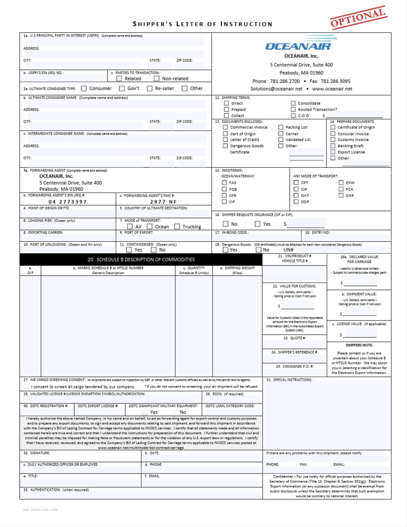 Shippers Letter of Instruction