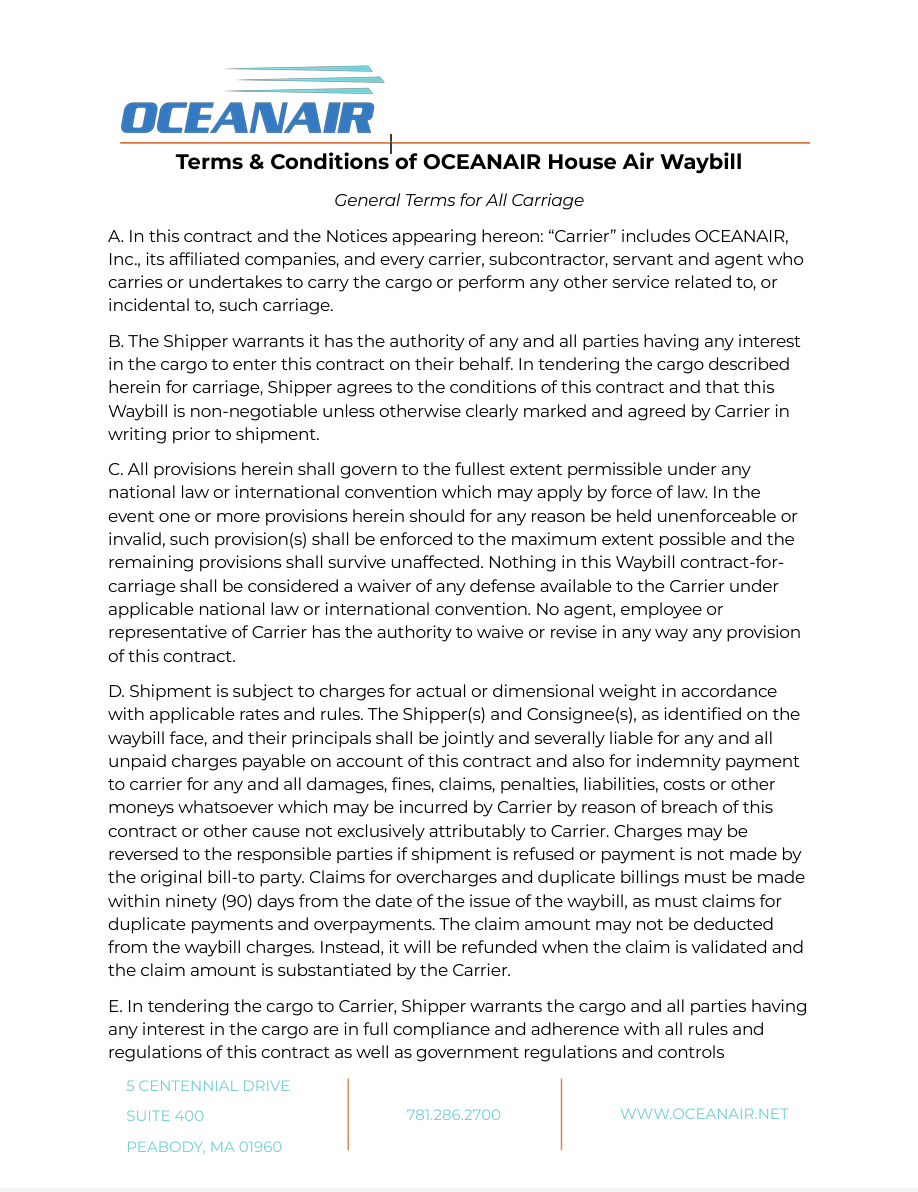 Terms and Conditions to OCEANAIR House Air Waybill Domestic and International 1