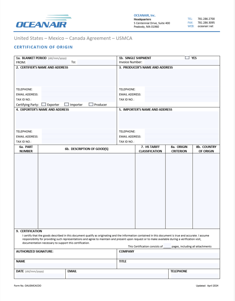 USMCA Certificate of Origin