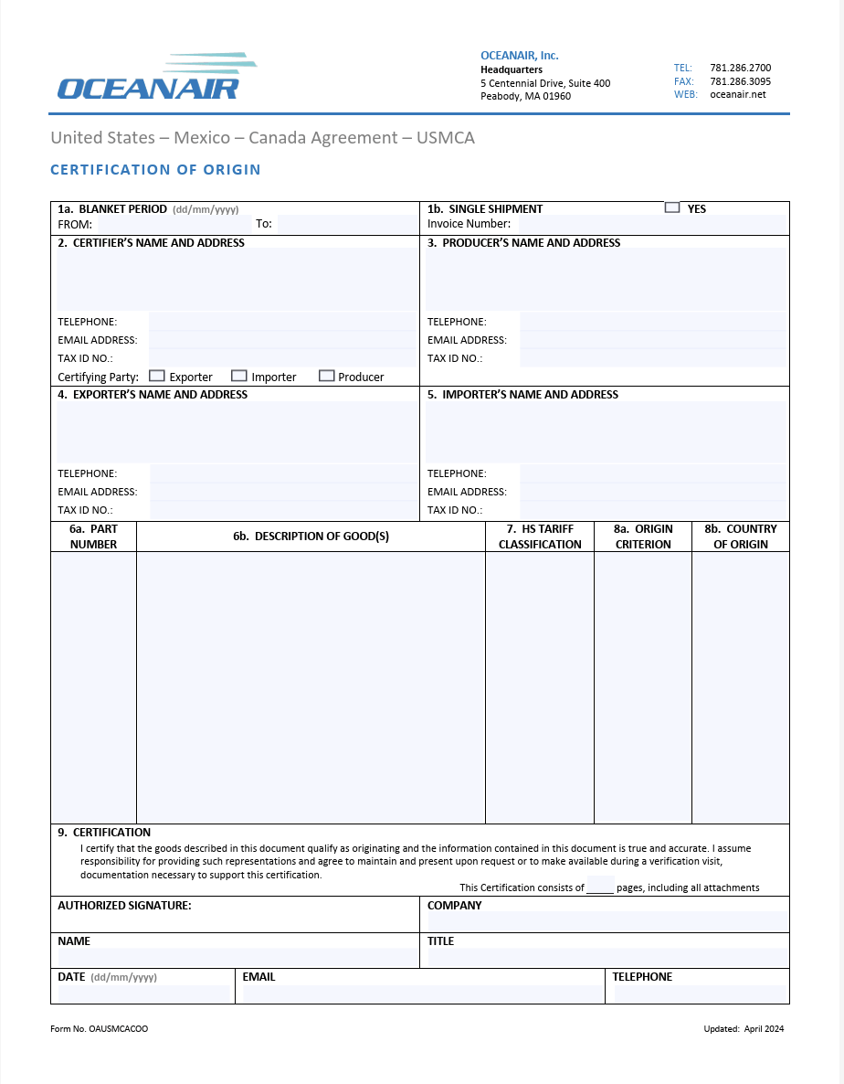 USMCA Certificate of Origin