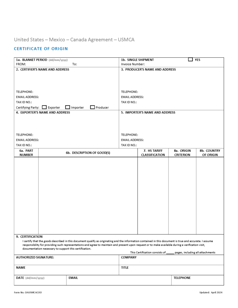 USMCA—Certificate of Origin
