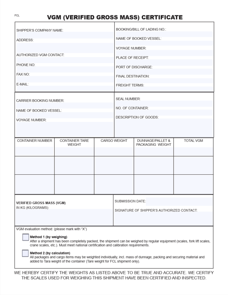 VGM Form – FCL