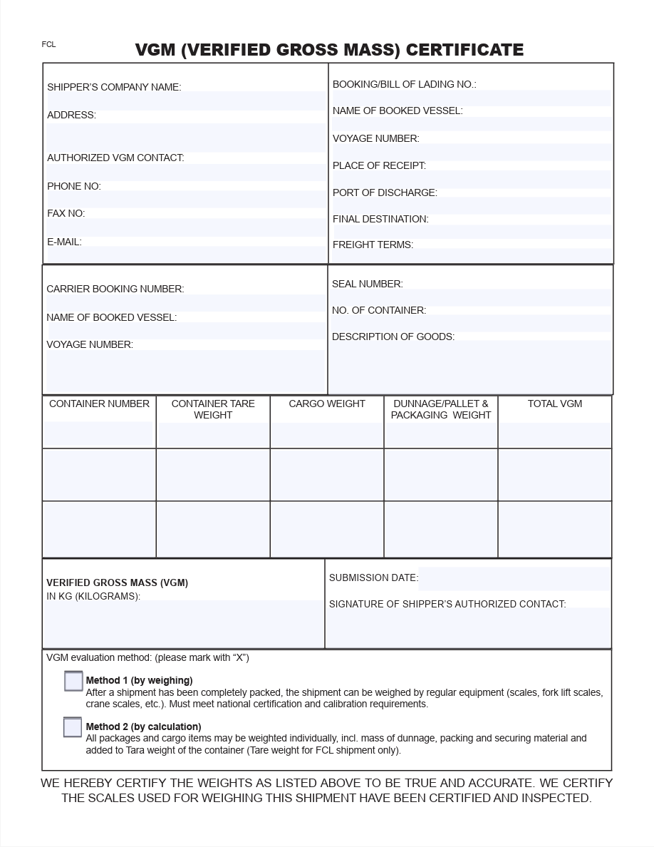 VGM Form – FCL