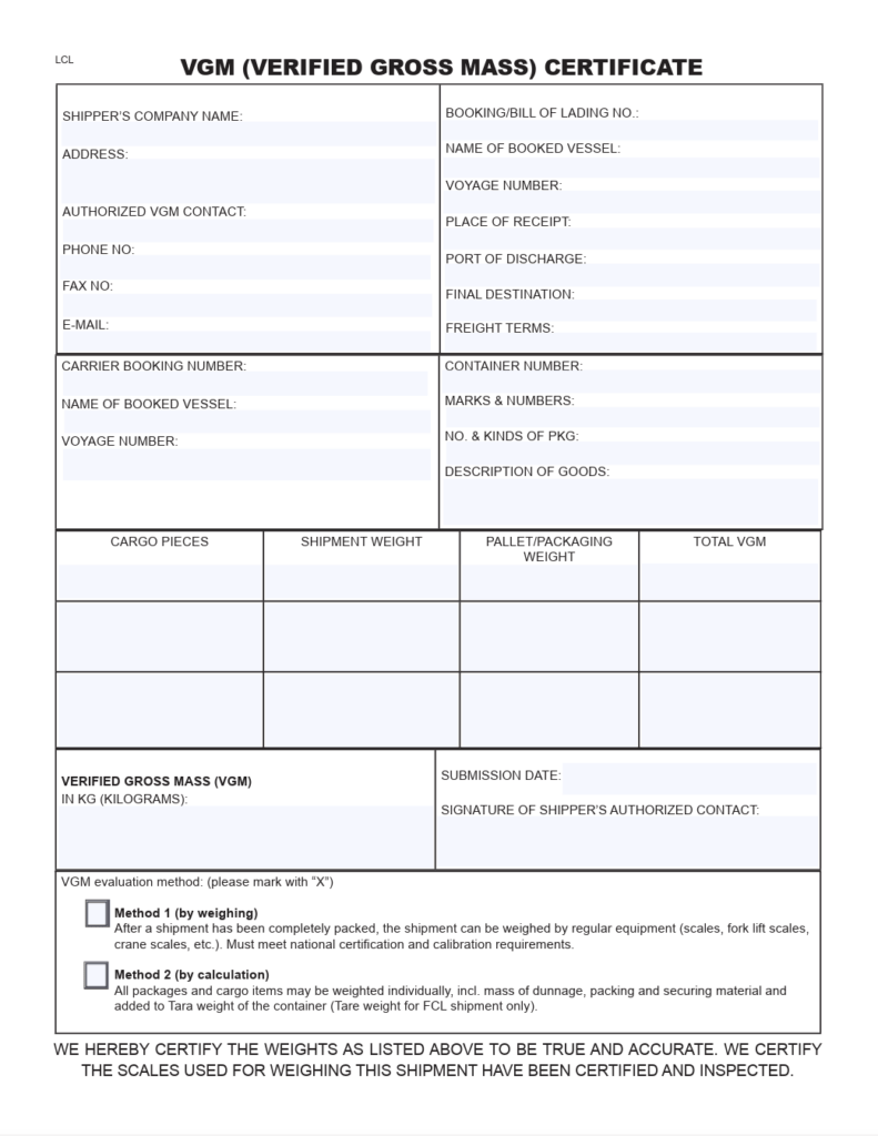 VGM Form – LCL